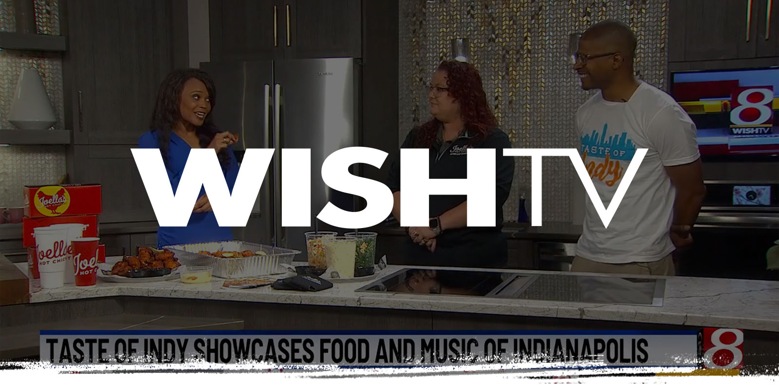WISHTV logo on Focus on Food kitchen set interview